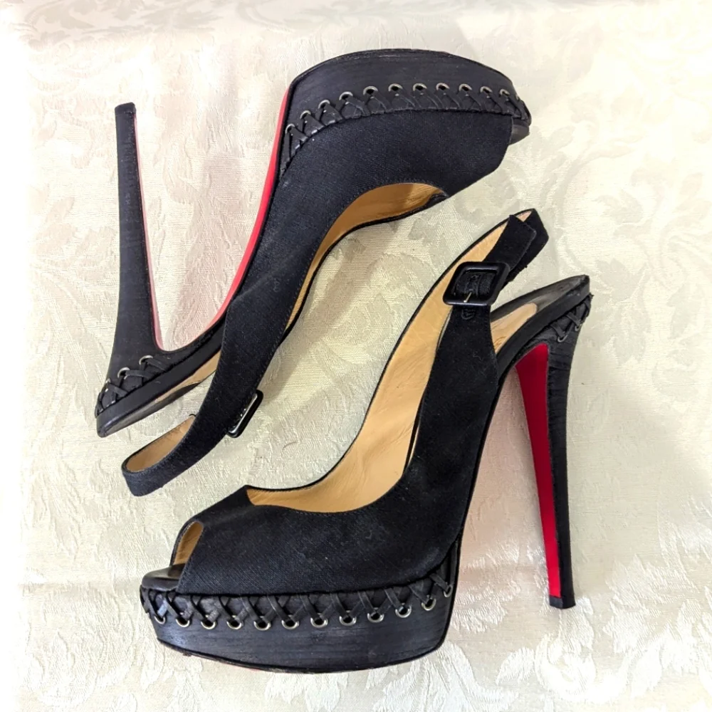 Christian Louboutin Peep Toe Slingbacks Size 38 red and black slingback